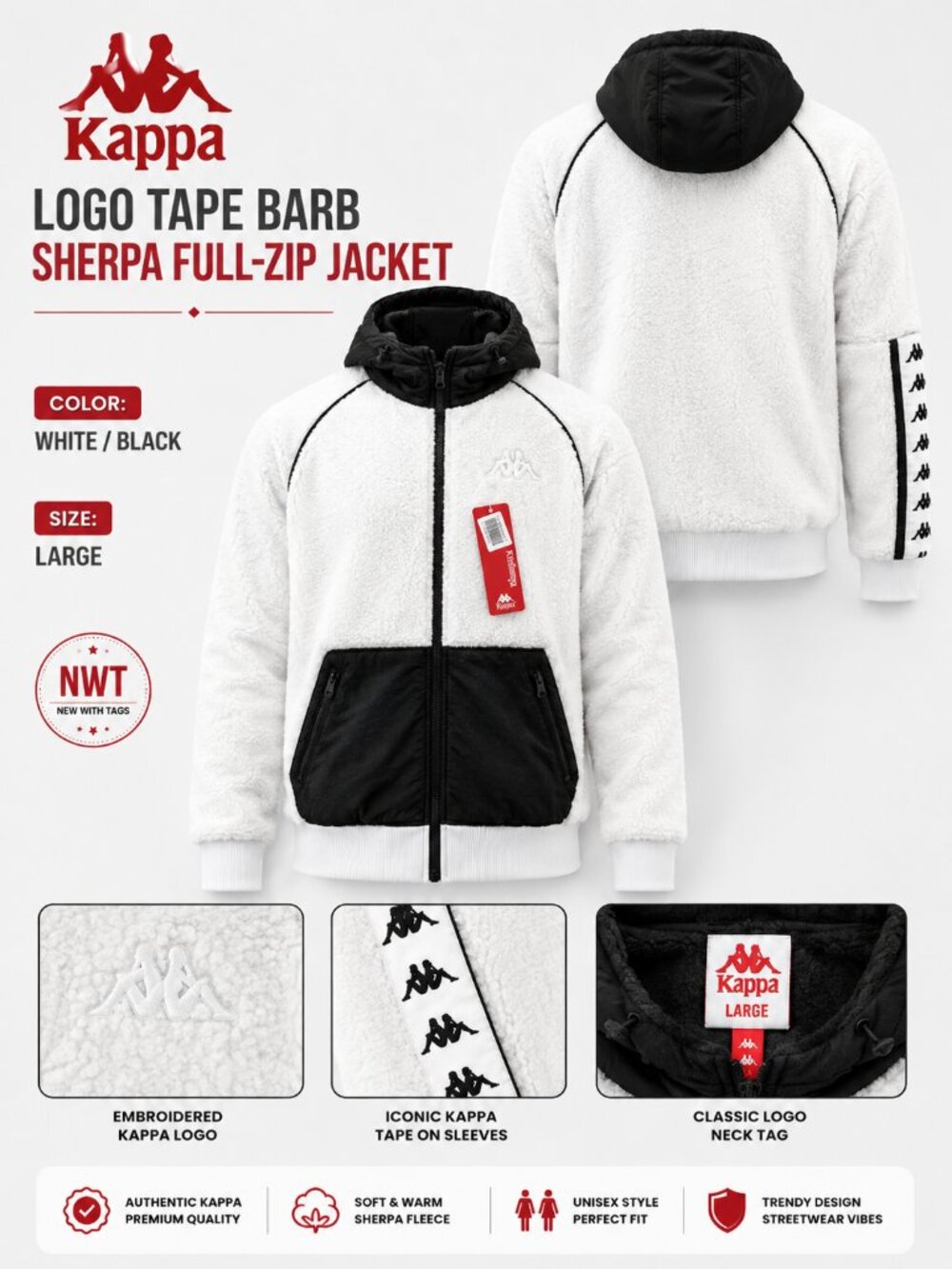 NWT Kappa Logo Tape Barb Sherpa Jacket White Black Men's Size L
